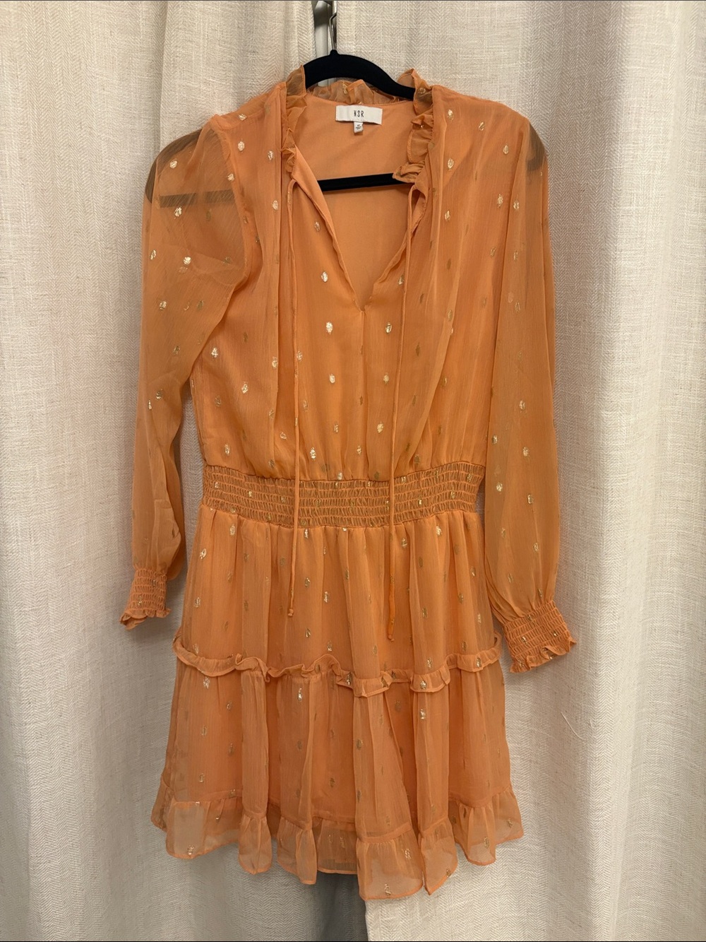 NSR Orange Tiered Long-Sleeve Dress with Gold Dot Accents